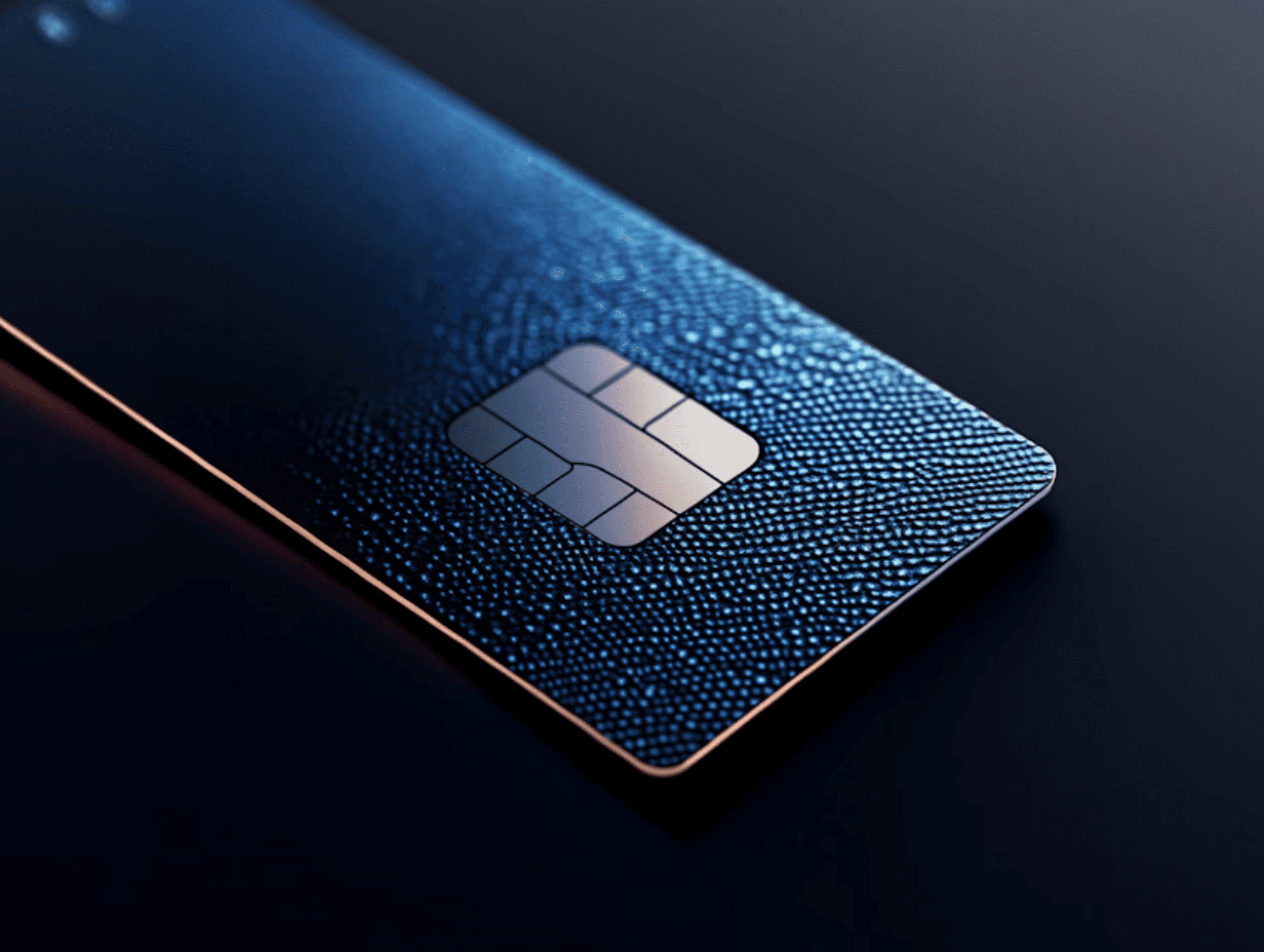Close-up of a sleek, blue credit card with a chip, resting on a dark background.